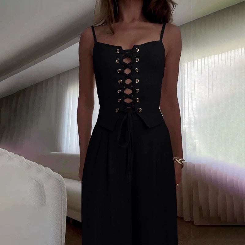 Damen Jumpsuit mit femininer Schnürung und weit geschnittenem Bein Drune
