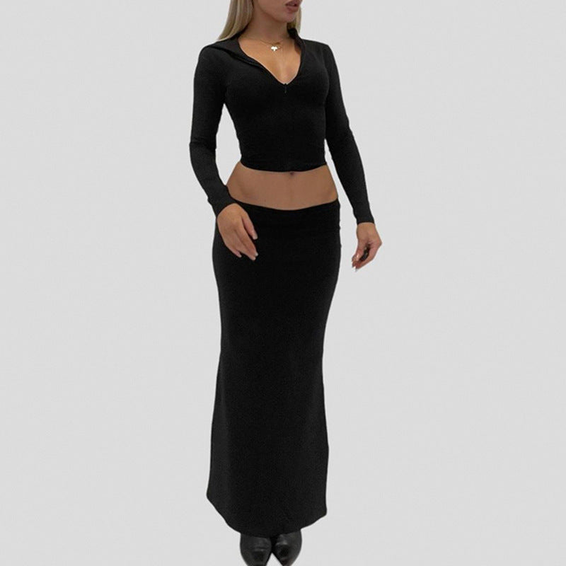 Damen Langarm Maxikleid mit elegantem Reißverschluss-Ausschnitt und figurbetontem Schnitt Drune