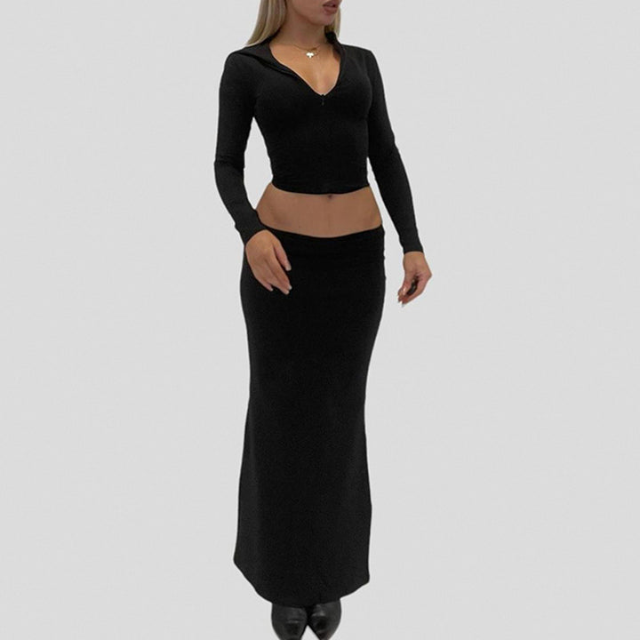 Damen Langarm Maxikleid mit elegantem Reißverschluss-Ausschnitt und figurbetontem Schnitt Drune