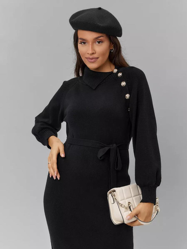Damen Strickkleid mit taillierendem Gürtel und dekorativen Knopfdetails Drune