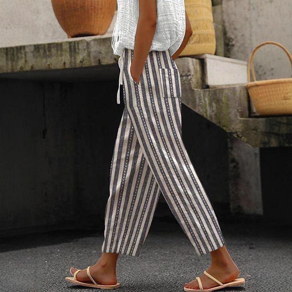 Damen Weite Leinenhose mit Streifenmuster Drune