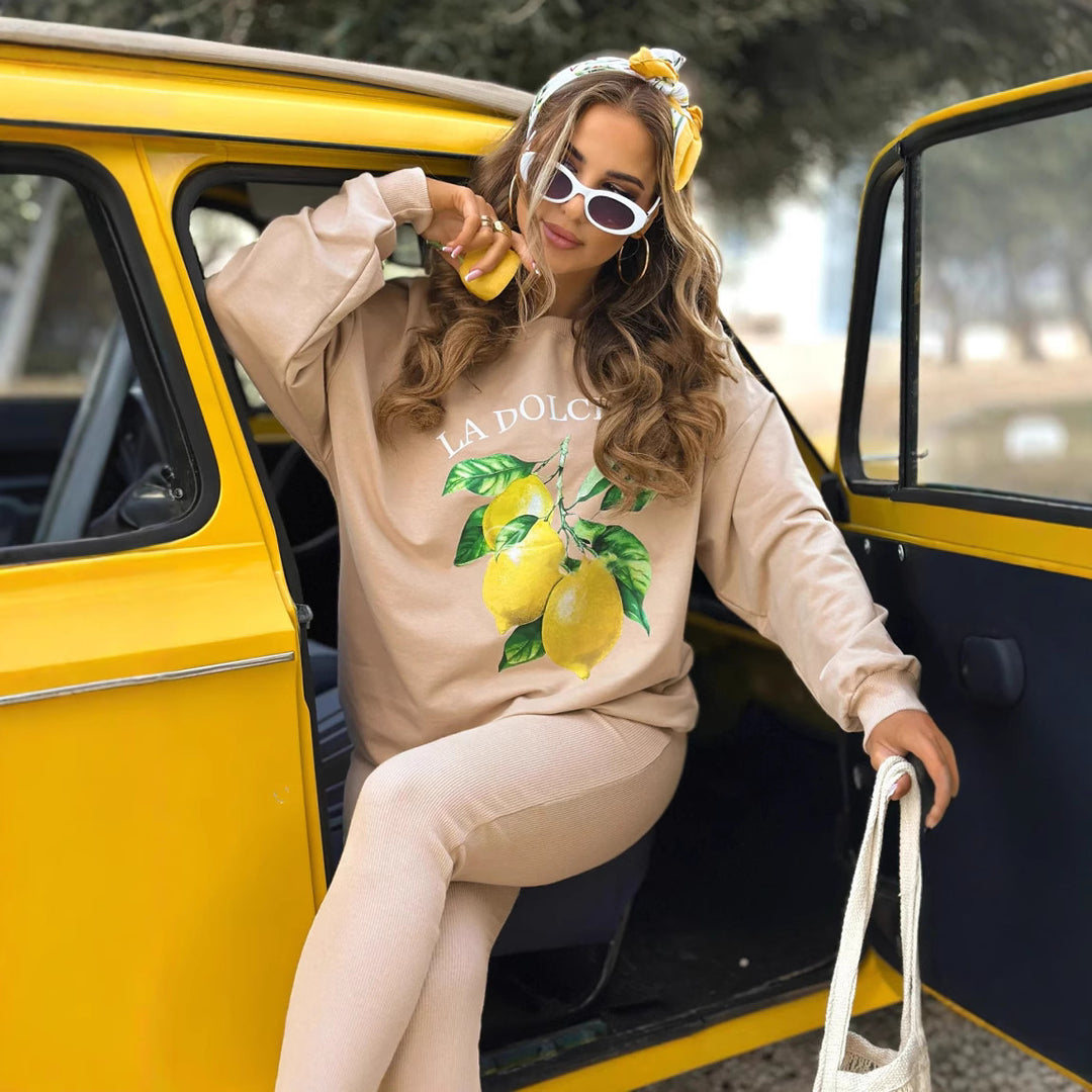 Damen nan Oversize Sweatshirt mit taillierten Rib-Leggings Set Drune