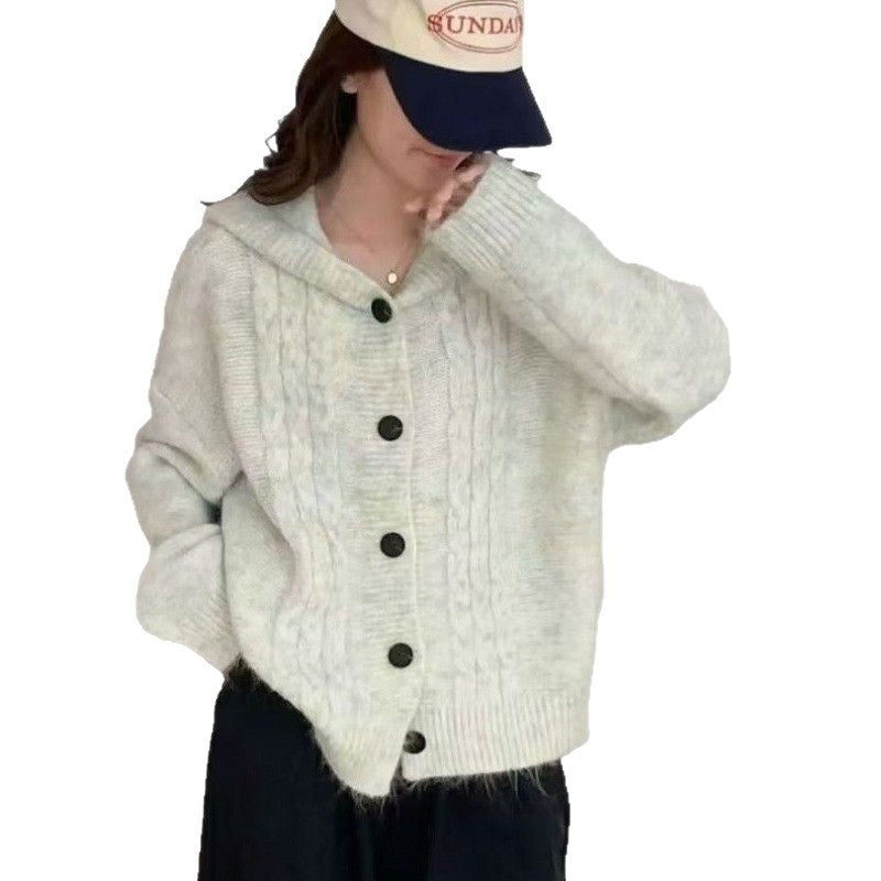 Damen Kuschelige Strickjacke mit gemütlichem Kapuzenkragen und auffälligen Knöpfen Drune