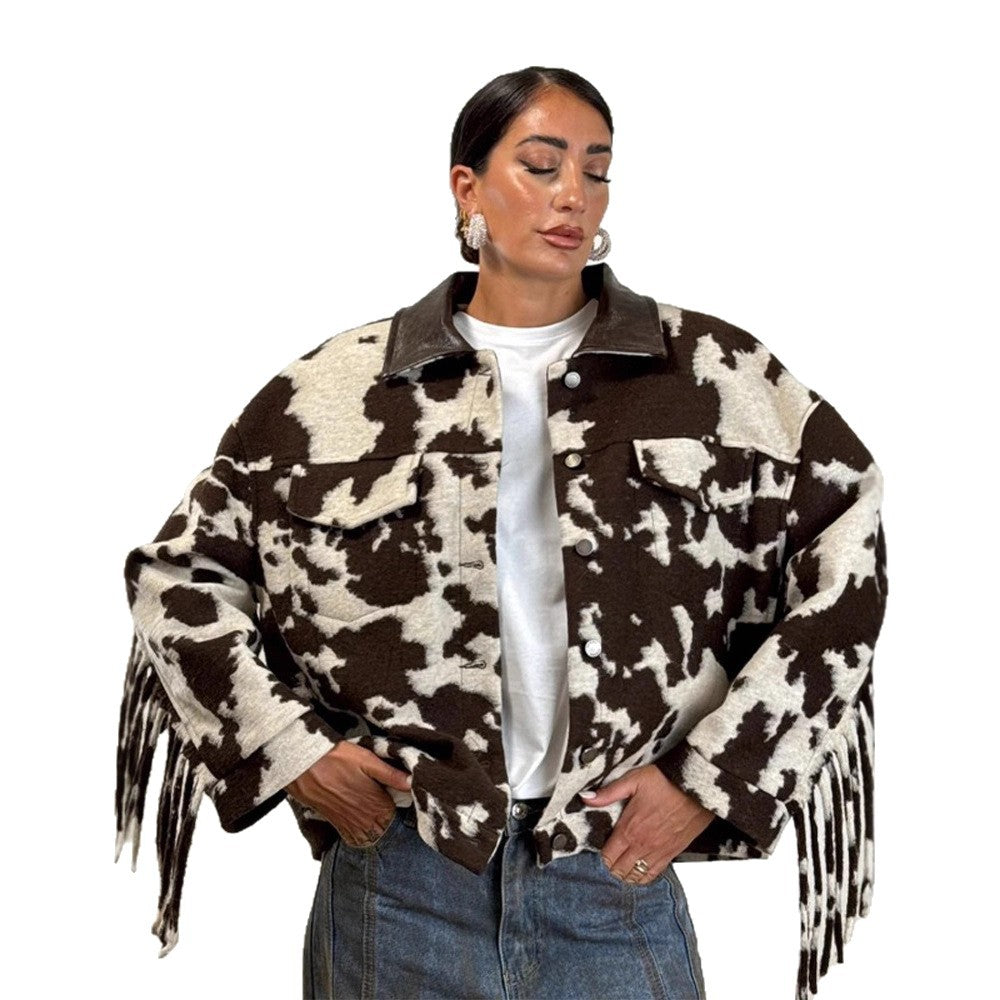Damen Oversized Fransenjacke mit Kuhmuster Drune