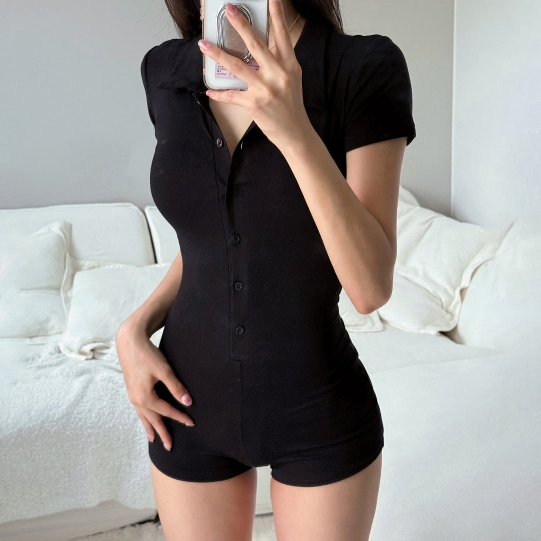 Damen Kurzarm-Jumpsuit mit Knopfleiste und elegantem Polokragen Drune