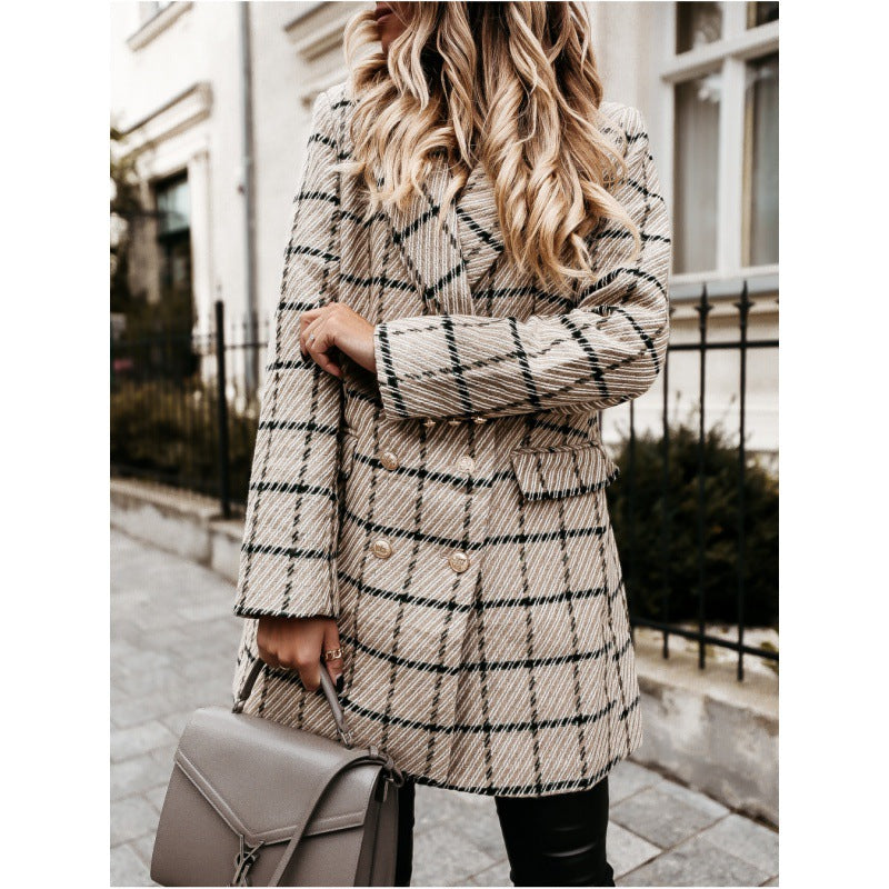 Damen Oversized kariertes Kompressionsblazer mit doppelter Knopfreihe Drune