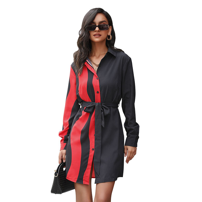 Damen Langarm-Hemdblusenkleid mit taillierbarem Gürtel und asymmetrischem Saum Drune