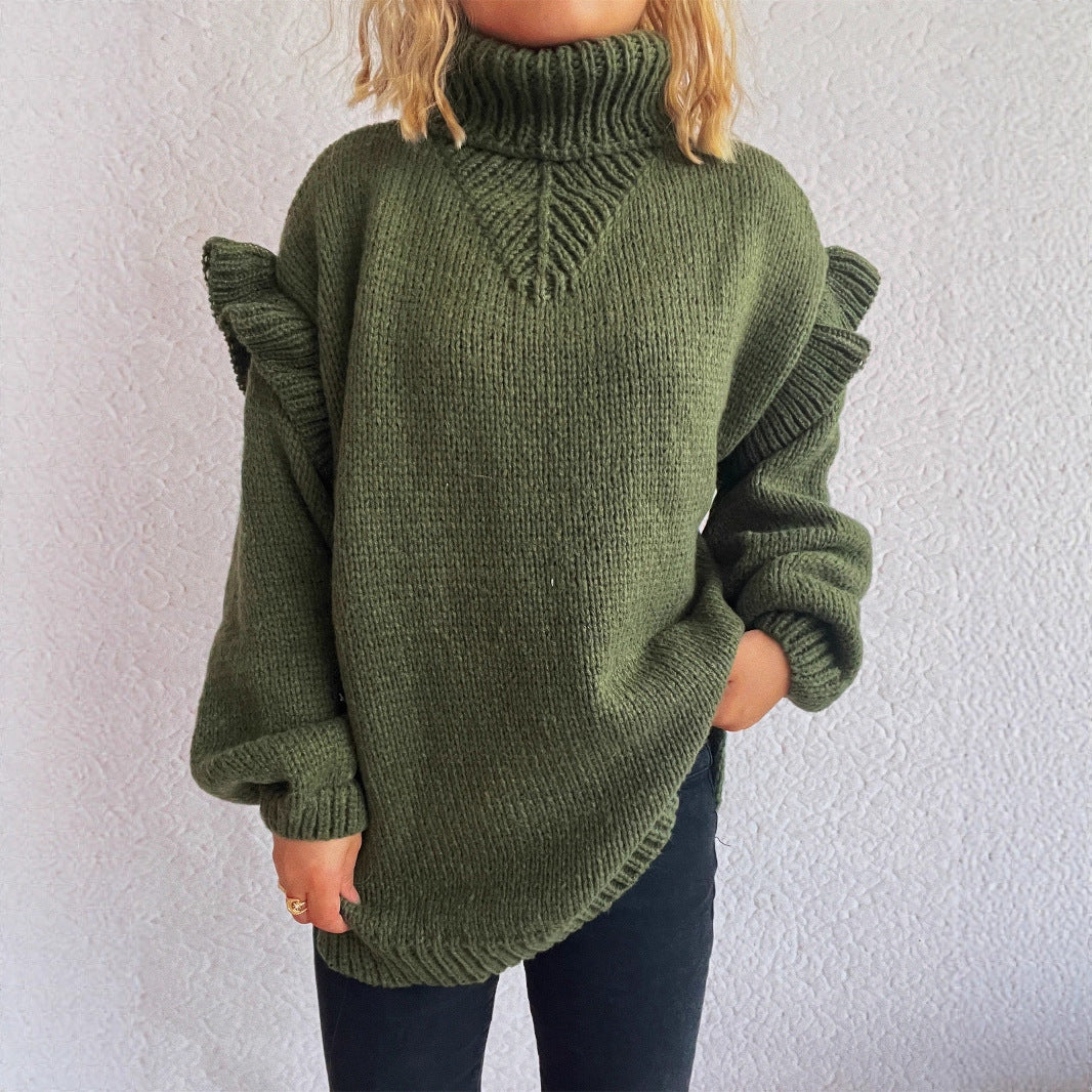 Damen Strickpullover mit Rüschen-Details und hohem Kragen Drune
