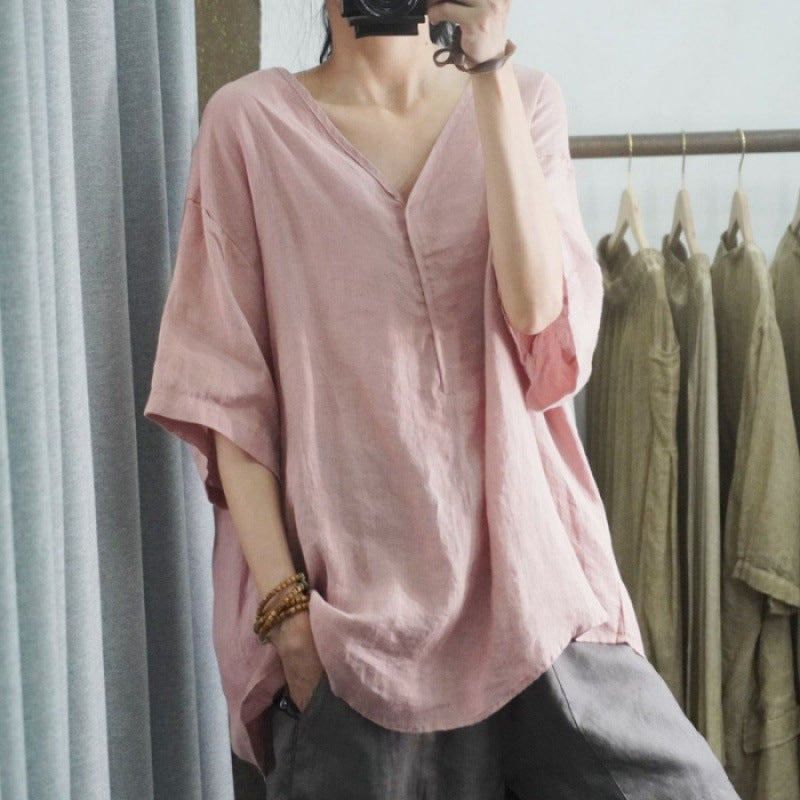 Damen Oversized Leinen-T-Shirt mit V-Ausschnitt und lässigem Schnitt Drune