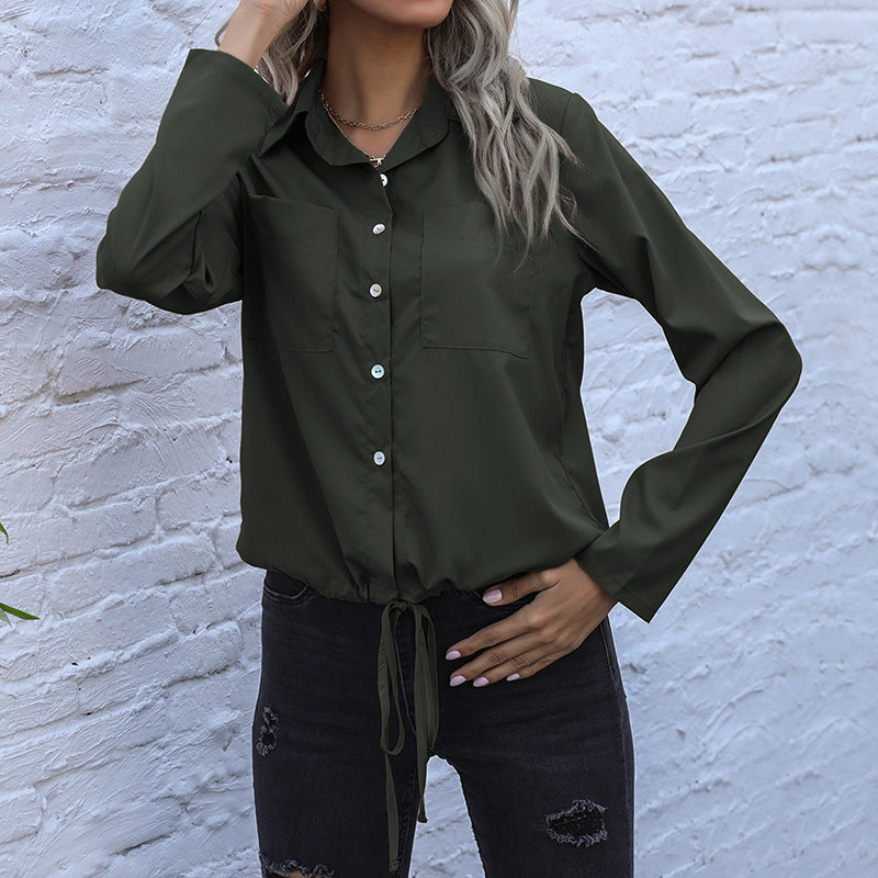 Damen Bluse mit verkürzter Vorderseite und Knopfdetaillierung Drune