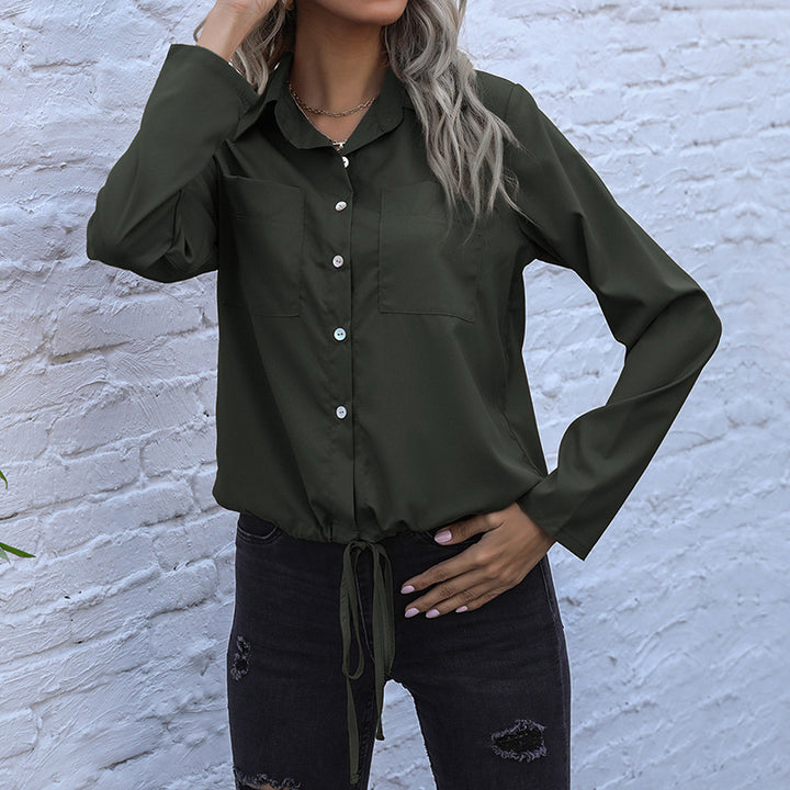 Damen Bluse mit verkürzter Vorderseite und Knopfdetaillierung Drune