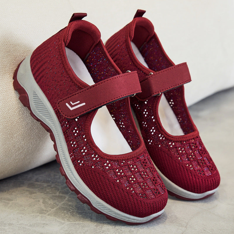Damen nan atmungsaktiver gestrickter Mary-Jane-Sneaker mit Klettverschluss, stoßdämpfender EVA-Zwischensohle und griffiger Profillaufsohle Drune