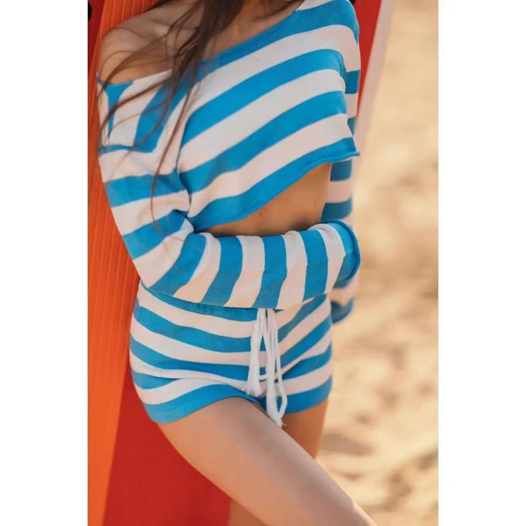 Damen lässiges Strand-Set mit cropped Pullover und kurzen Hosen Drune