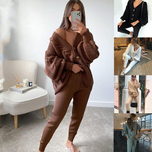 Damen Grobstrickjacke mit V-Ausschnitt und Knöpfen Drune
