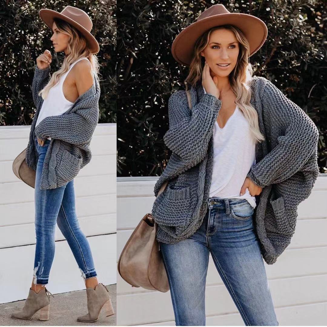 Damen Grobstrick-Cardigan mit lässigen Taschen und voluminösen Ärmeln Drune