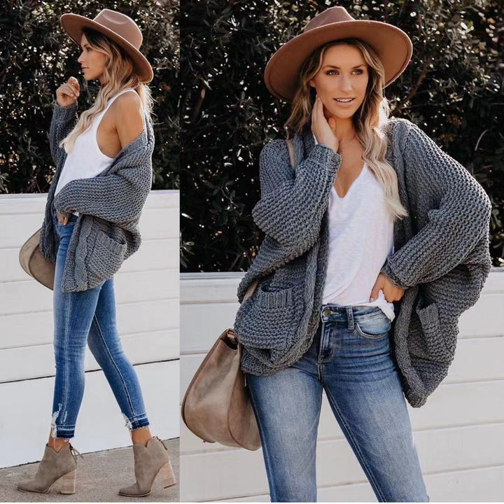 Damen Grobstrick-Cardigan mit lässigen Taschen und voluminösen Ärmeln Drune