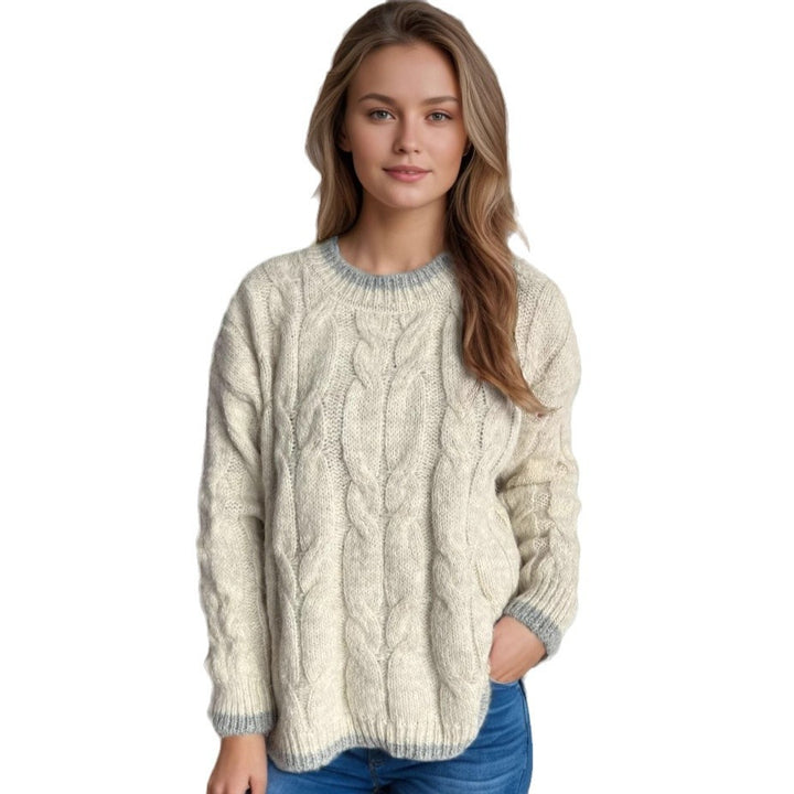 Damen Grobstrickpullover mit Zopfdesign und großzügigem Fall Drune