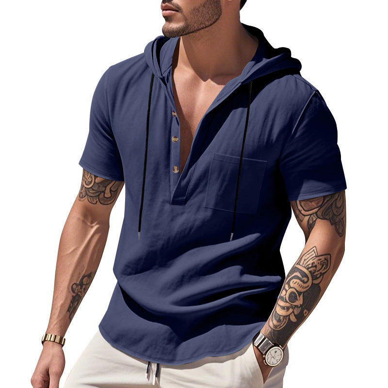 Herren Kurzarm-Henley-Hemd mit Kapuze und Knopfleiste Drune