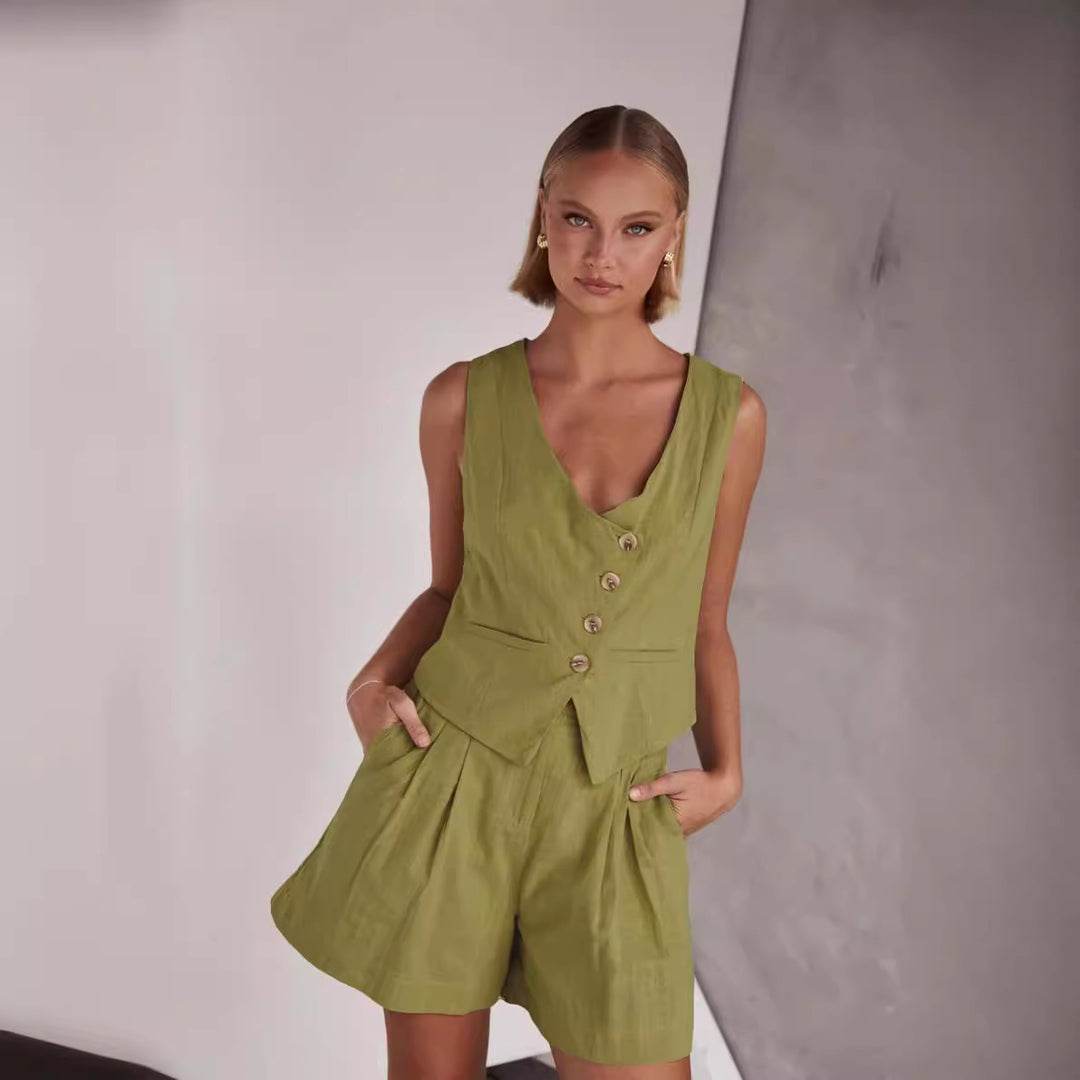 Damen Lässiger Zweiteiler mit Kurzarm-Bluse und Shorts Drune