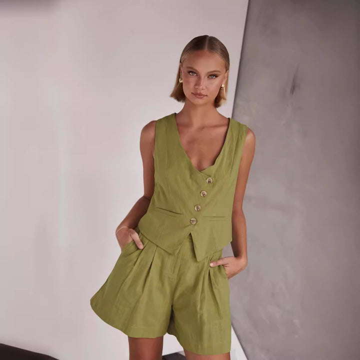 Damen Lässiger Zweiteiler mit Kurzarm-Bluse und Shorts Drune