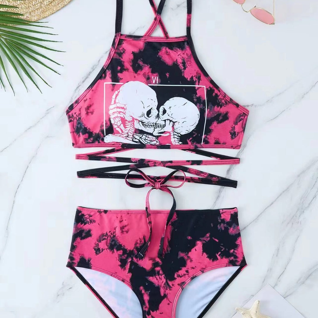 Damen Hochgeschnittener Bikini mit kreativem Muster Drune
