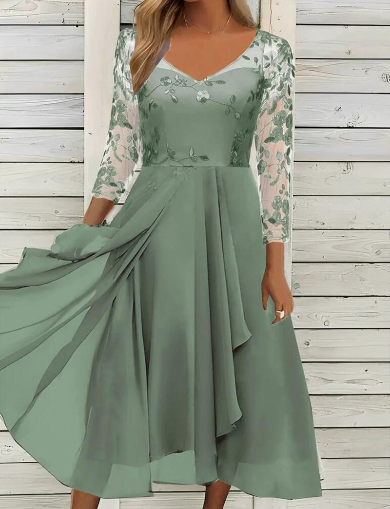 Damen nan V-Ausschnitt Chiffon-Midikleid mit besticktem Bustier, transparenten dreiviertel-Ärmeln und asymmetrischem Lagenrock Drune