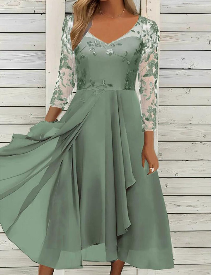 Damen nan V-Ausschnitt Chiffon-Midikleid mit besticktem Bustier, transparenten dreiviertel-Ärmeln und asymmetrischem Lagenrock Drune