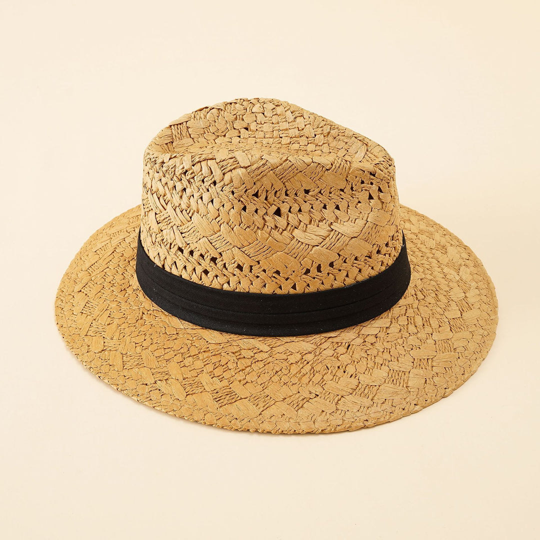 Damen Strohhut im klassischen Fedora-Stil mit breiter Krempe und elegantem Band Drune