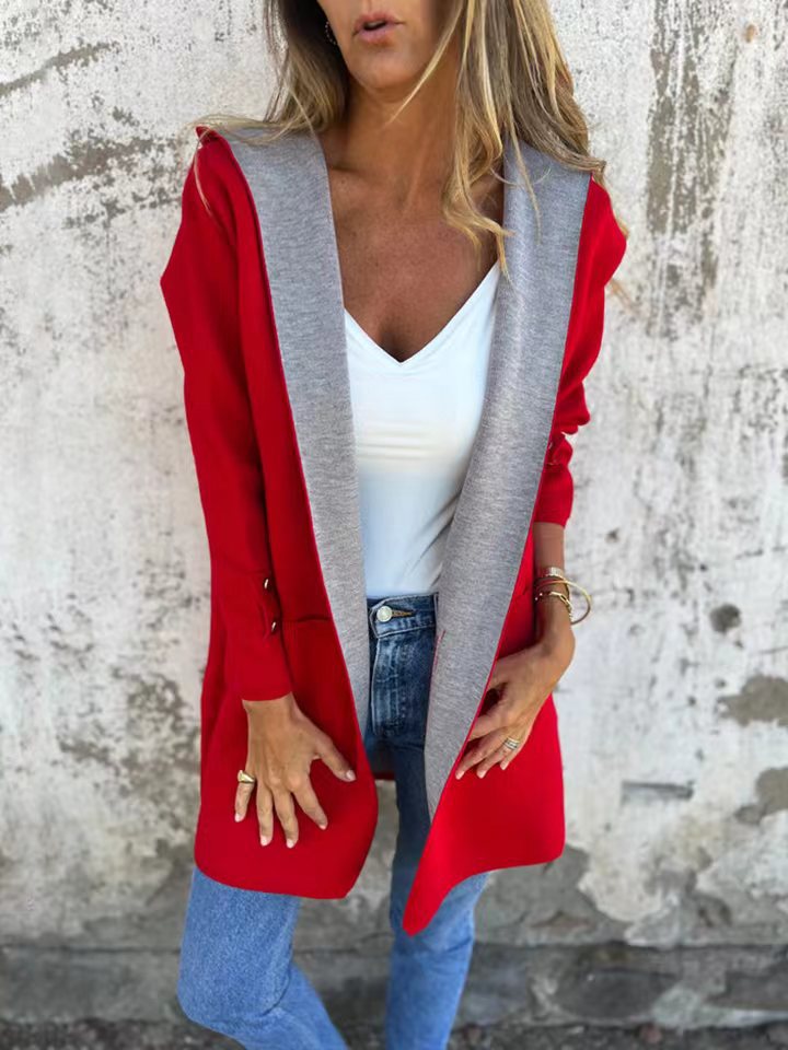 Damen modische Longjacke mit großzügiger Kapuze und praktischen Taschen Drune