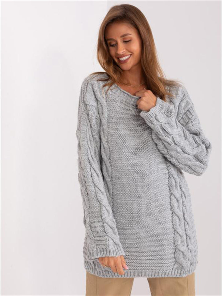 Damen Grobstrickpullover mit modernem Zopfmuster und weiten Ärmeln Drune