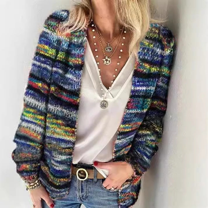 Damen Offen gestrickte Cardigan mit bunten Streifen und lässigem Schnitt Drune