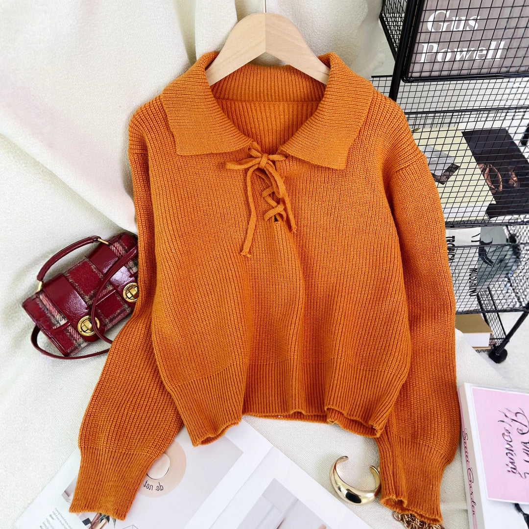 Damen lässiger Pullover mit Polokragen und Kordelzug Drune