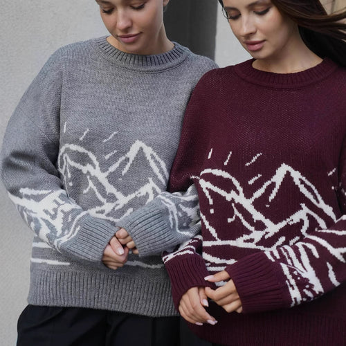 Damen Grobstrickpullover mit künstlerischem Landschaftsdesign Drune