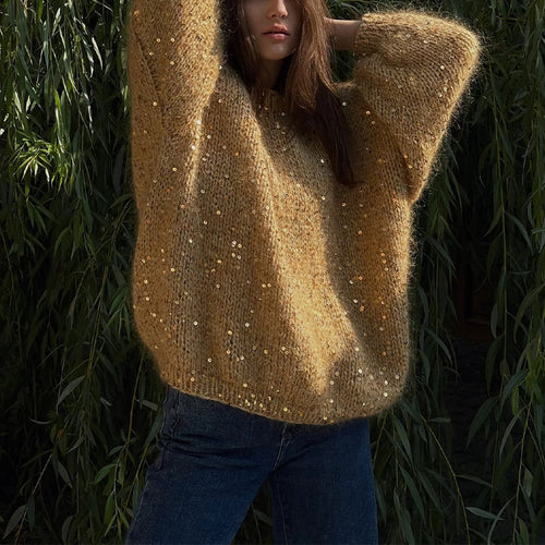 Damen Glitzernder Strickpullover mit Puffärmeln Drune