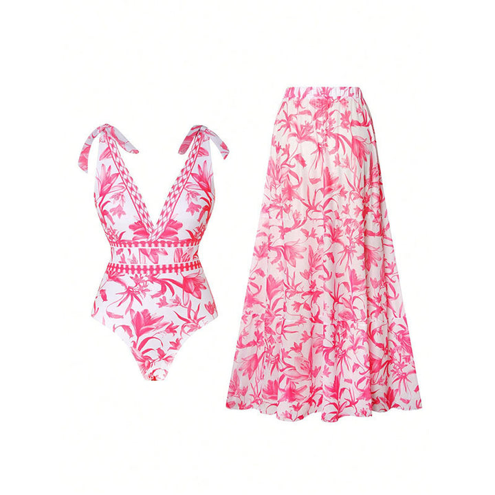 Damen Badeanzug mit floralem Muster und passendem Maxirock Drune