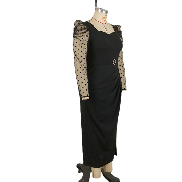 Damen elegantes Midi-Kleid mit transparenten Puffärmeln und zartem Rüschenakzent Drune
