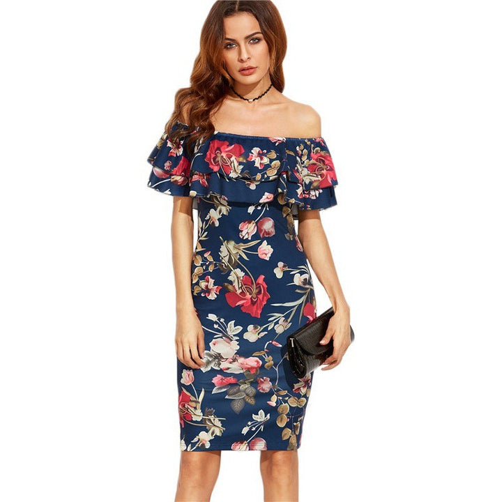 Damen Off-Shoulder Blumenkleid mit voluminösen Rüschendetails und figurbetontem Schnitt Drune