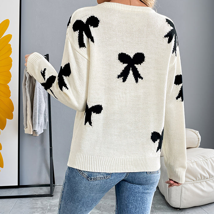 Damen elegant gestrickter Pullover mit stilvollem Schleifenmuster Drune