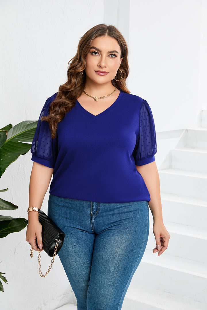 Damen elegantes Blusenshirt mit transparenten Puffärmeln und V-Ausschnitt Drune