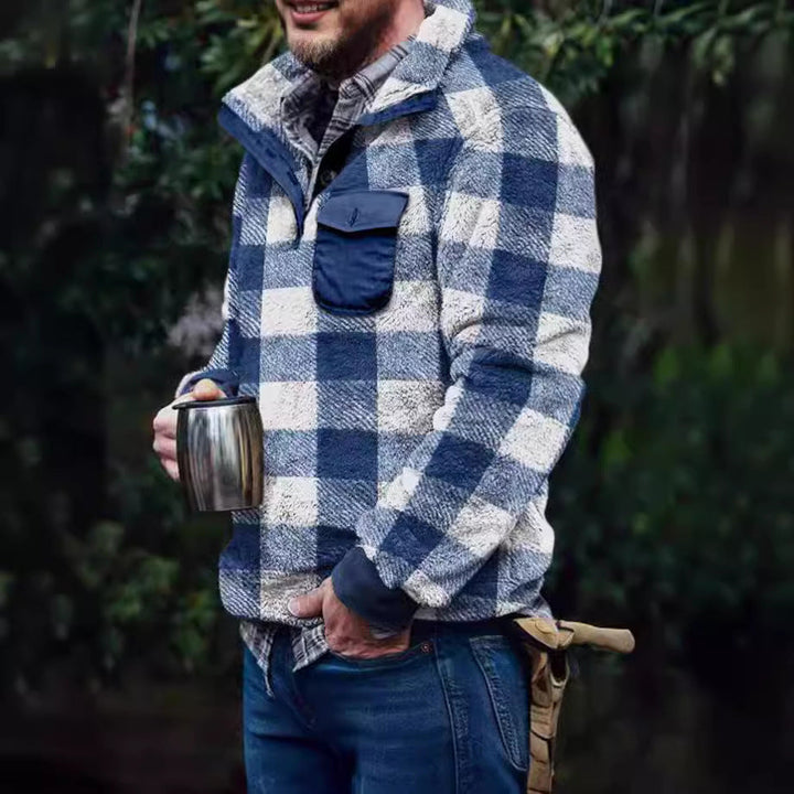 Herren Fleece-Pullover mit Karomuster und Hohem Kragen Drune