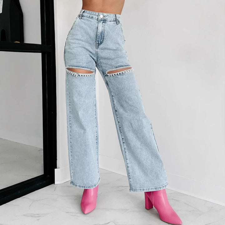 Damenweite Jeans mit Cut-Out-Details und eleganten Fransen Drune