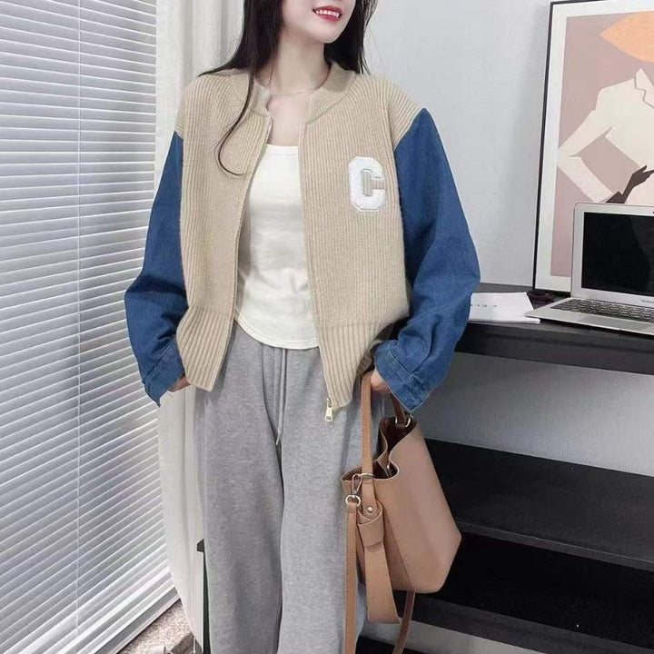 Damen Trendige Strickjacke mit Denim-Ärmeln Drune