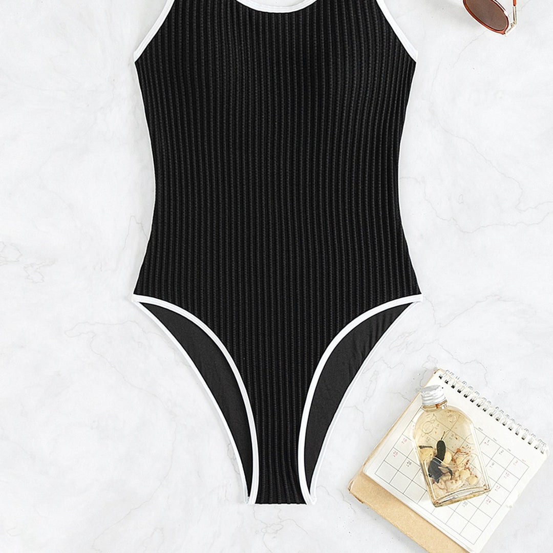 Damen einteiliger Badeanzug mit strukturiertem Rippendesign und eleganten Kontrasten Drune