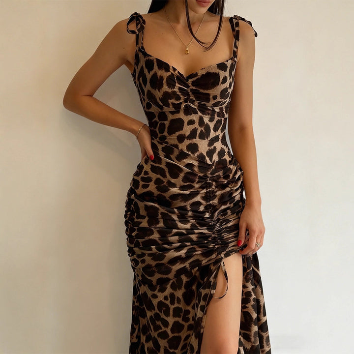 Damen Elegantes Maxikleid mit Leopardenmuster und seitlichem Schlitz Drune