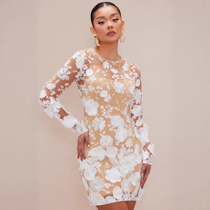 Damen Spitzenkleid mit floralen Applikationen und langen Ärmeln Drune