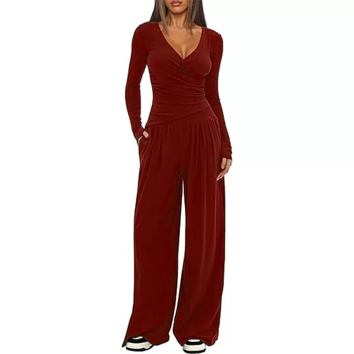 Damen Eleganter Wickel-Jumpsuit mit weitem Bein und modischen Details Drune