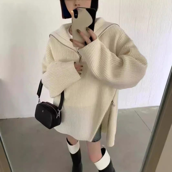 Damen lässiger Strickpullover mit einem hohen Kragen und seitlichem Reißverschluss Drune