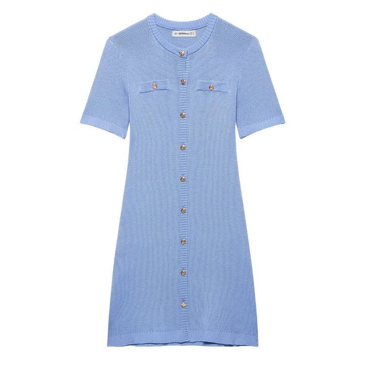 Damen Strickkleid mit kurzen Ärmeln und Knopfleiste Drune