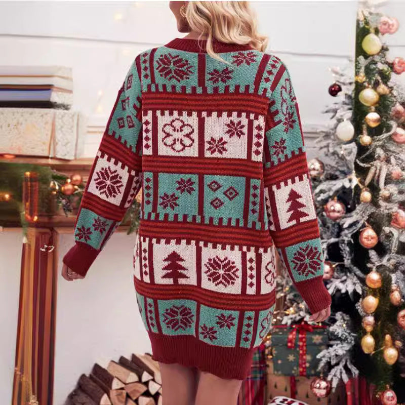 Damen Weihnachts-Strickkleid mit festlichem Muster und hohem Kragen Drune