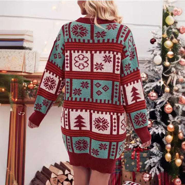 Damen Weihnachts-Strickkleid mit festlichem Muster und hohem Kragen Drune